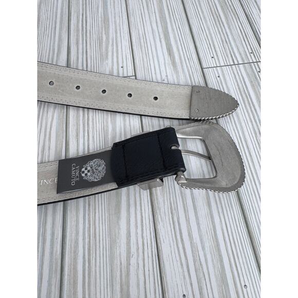 Vince Camuto belt large western ornate silver tone buckle vegan black leather